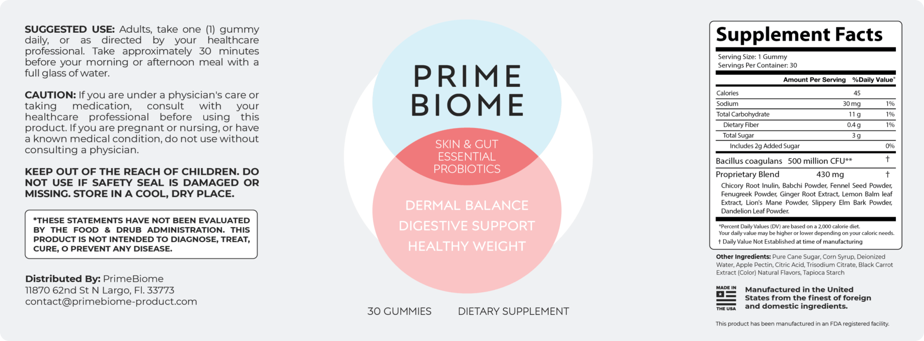 PrimeBiome Ingredients label